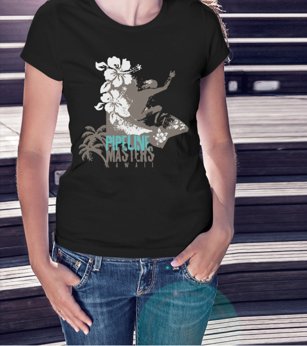 Pipeline Masters Hawaii Surfing With Hibiscus And Palm Trees T-Shirt