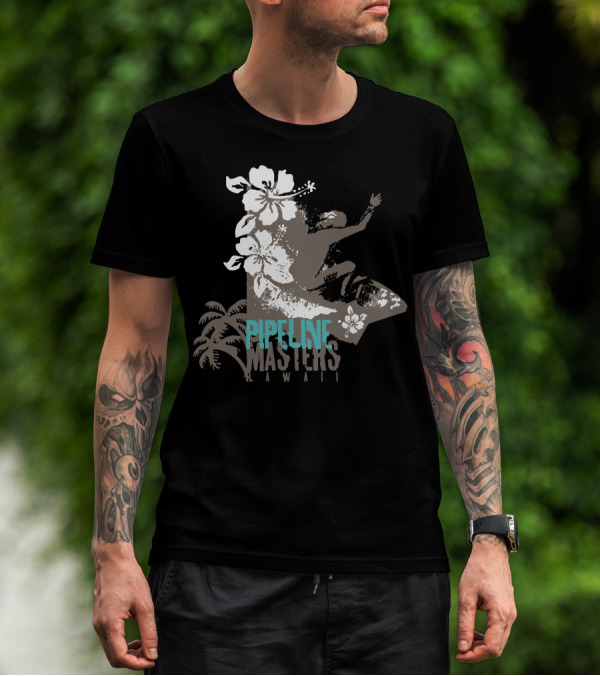 Pipeline Masters Hawaii Surfing With Hibiscus And Palm Trees T-Shirt