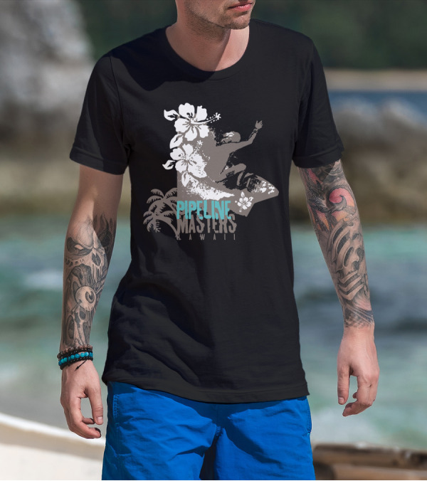 Pipeline Masters Hawaii Surfing With Hibiscus And Palm Trees T-Shirt