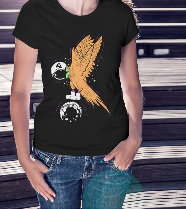 Astronaut Bird With Helmet And Boots Standing On A Moon With Stars And Galaxy Elements T-Shirt
