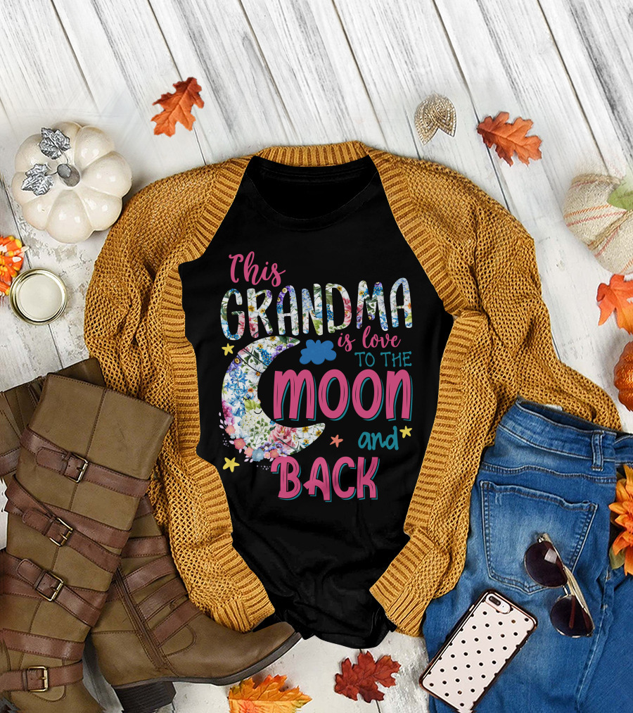 This Grandma Is Love To The Moon And Back Floral Moon and Stars T-Shirt