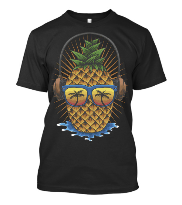 Pineapple Wearing Headphones And Sunglasses With Palm Trees And Ocean Waves T-Shirt