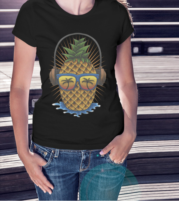 Pineapple Wearing Headphones And Sunglasses With Palm Trees And Ocean Waves T-Shirt