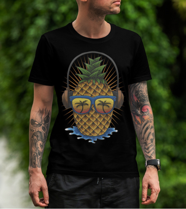 Pineapple Wearing Headphones And Sunglasses With Palm Trees And Ocean Waves T-Shirt