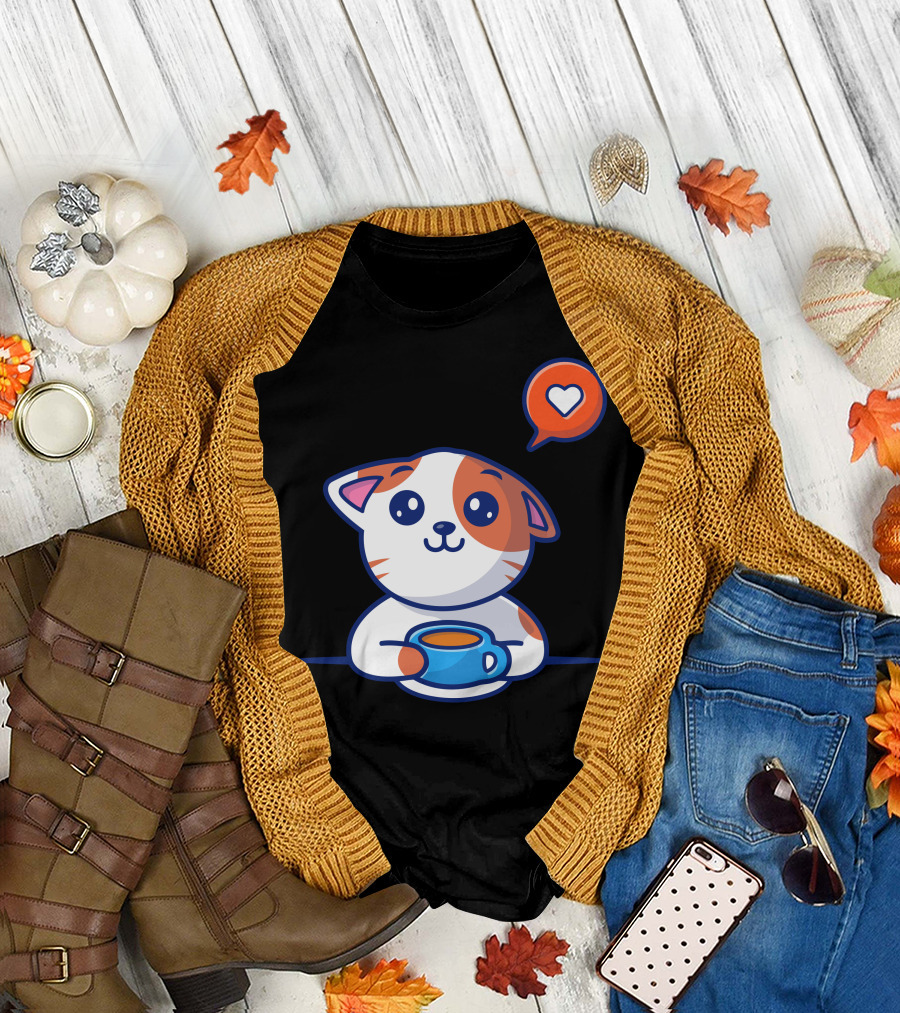 Cat Drink Coffee Heart Bubble T-Shirt