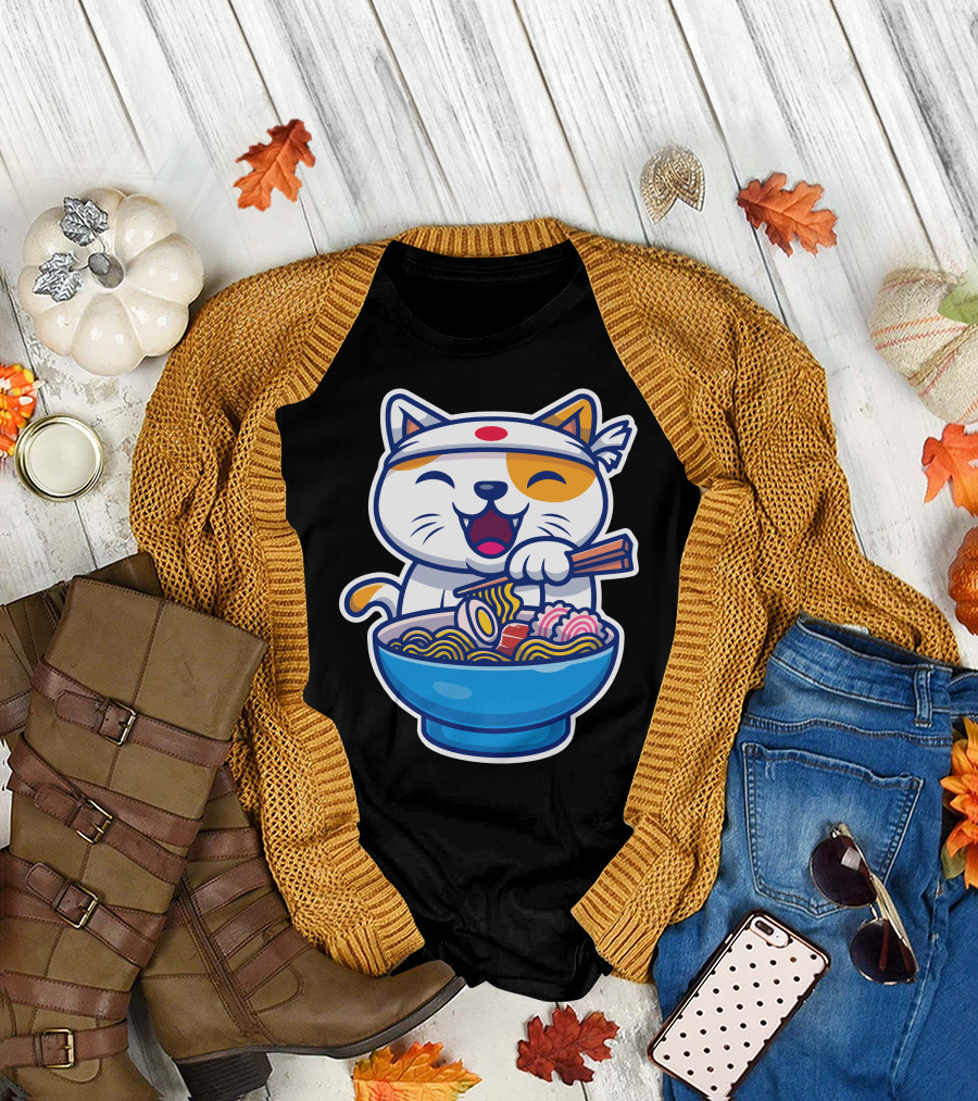 Cat Joyfully Eating Ramen Noodles with Chopsticks and Headband T-Shirt