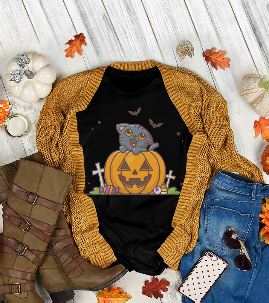 Halloween Cat on Pumpkin with Candy and Bats T-Shirt