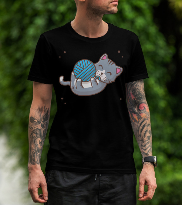 Cat Cuddling Blue Wool Ball With Stars T-Shirt