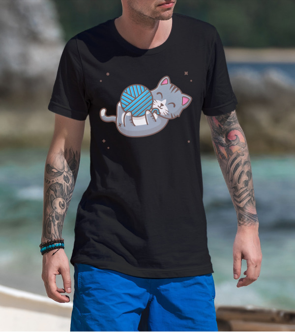 Cat Cuddling Blue Wool Ball With Stars T-Shirt