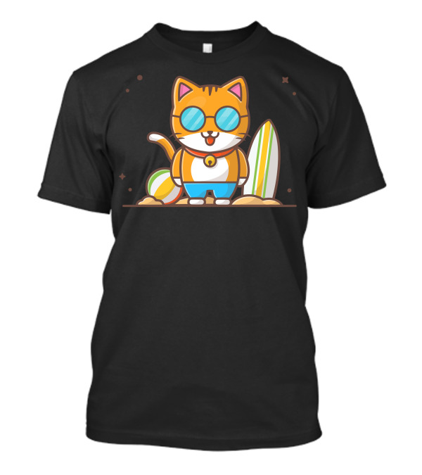 Cat Summer Play On Beach With Surfboard And Sunglasses T-Shirt