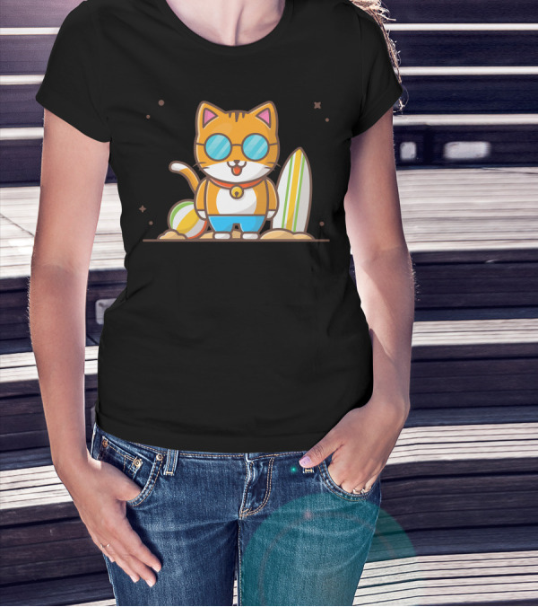 Cat Summer Play On Beach With Surfboard And Sunglasses T-Shirt