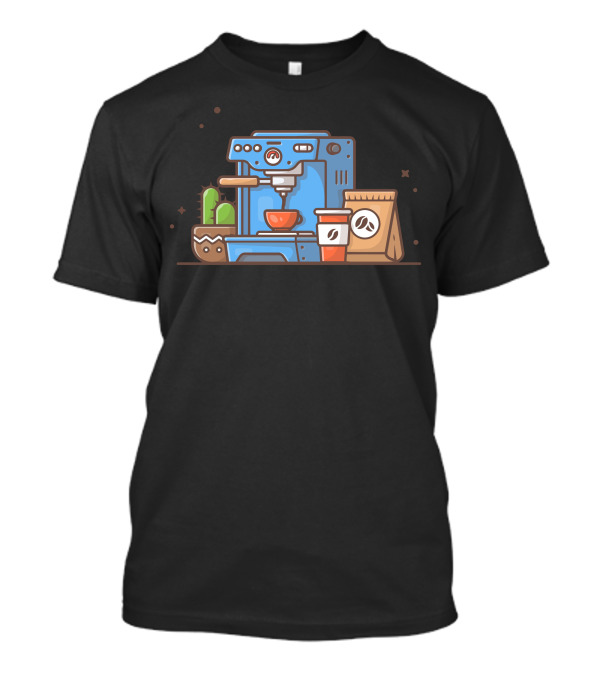 Coffee Machine Cactus Brew With Cup And Beans T-Shirt