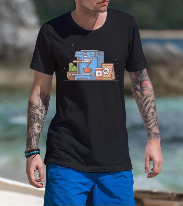 Coffee Machine Cactus Brew With Cup And Beans T-Shirt