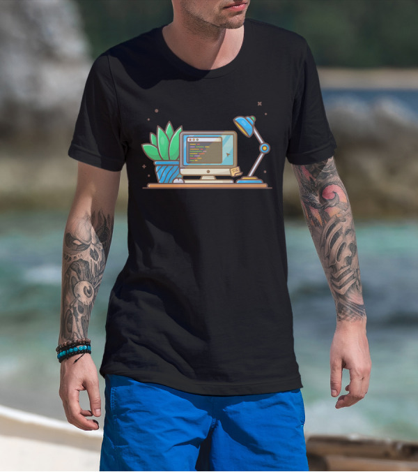 Computer Screen With Code Plant Lamp And Mouse T-Shirt