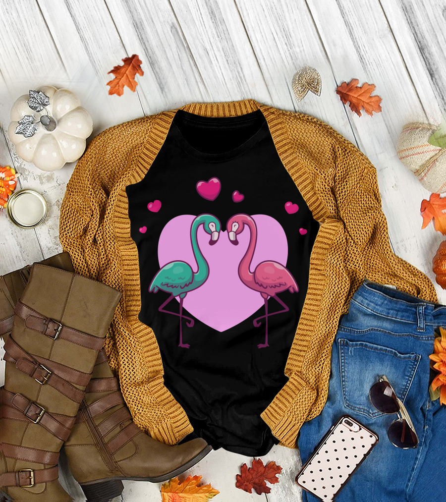 Couple of Flamingo Fall in Love Hearts and Pink Heart Background T-Shirt