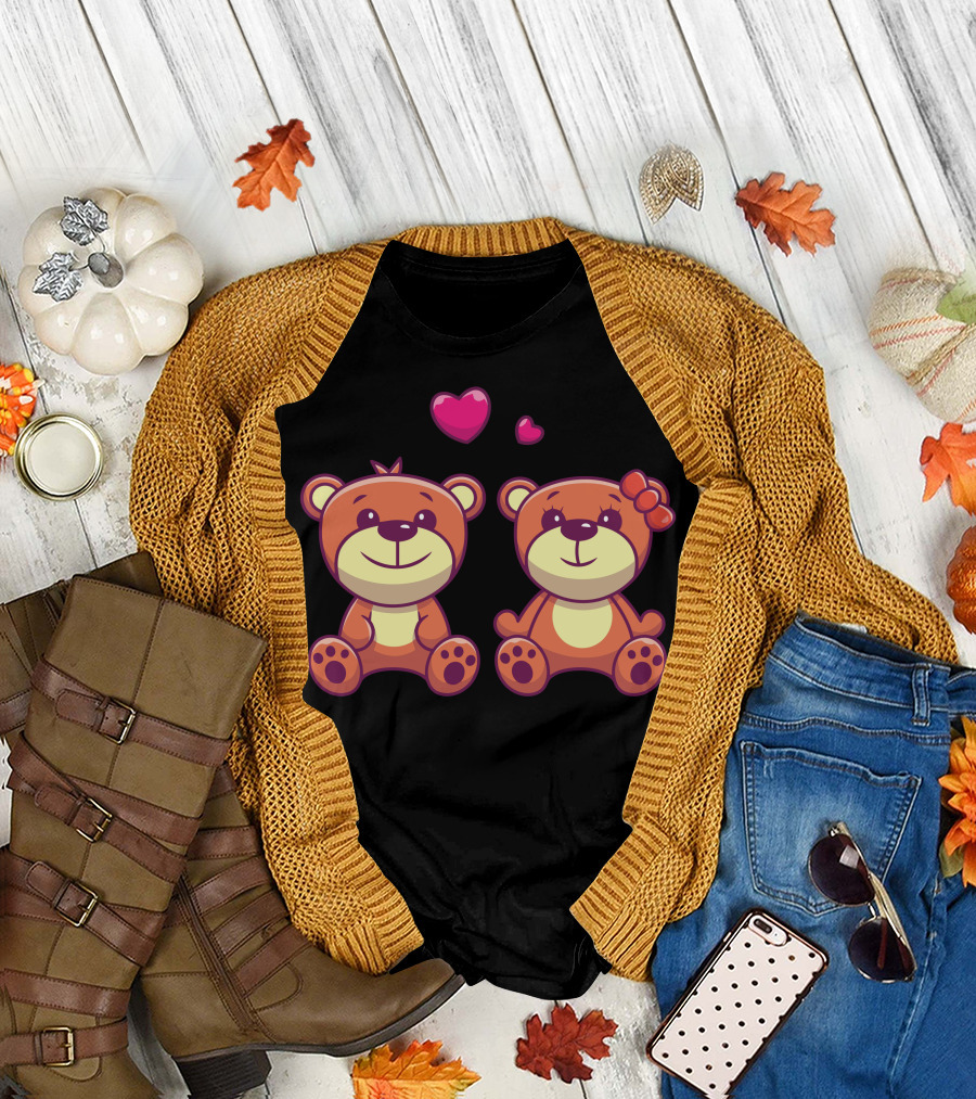 Couple Of Teddy Bear In Love with Pink Hearts and Bow T-Shirt