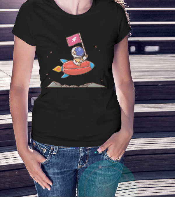 Cute Astronaut Holding Flag On Rocket In Space Scene T-Shirt
