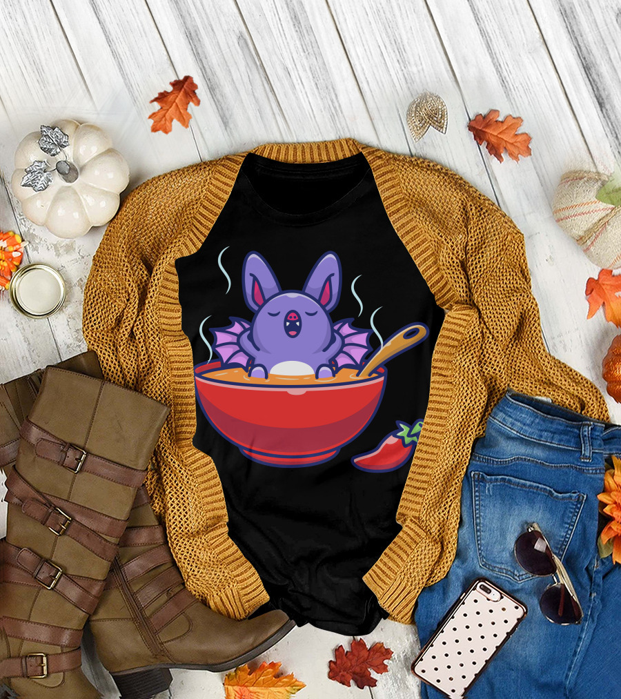 Cute Bat Relaxing in Steaming Soup Bowl with Pepper T-Shirt