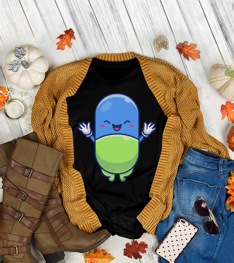 Cute Blue and Green Capsule with Happy Face and Raised Arms T-Shirt