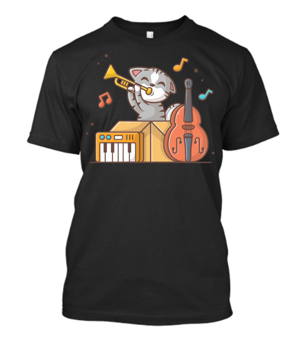 Cute Cat Playing Jazz With Trumpet Piano And Double Bass In Box T-Shirt