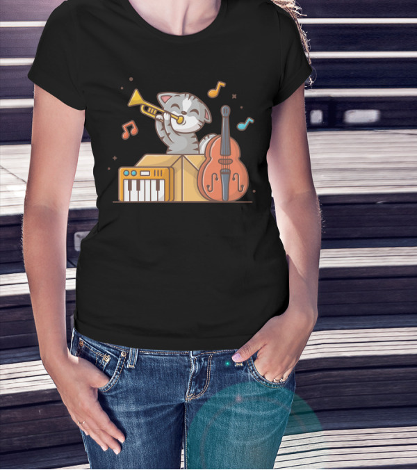Cute Cat Playing Jazz With Trumpet Piano And Double Bass In Box T-Shirt