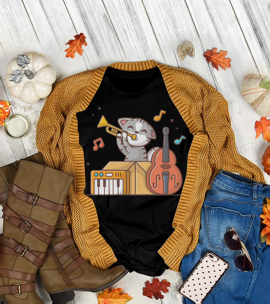 Cute Cat Playing Jazz With Trumpet Piano and Double Bass in Box T-Shirt