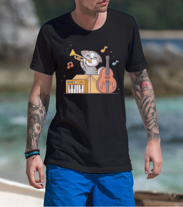 Cute Cat Playing Jazz With Trumpet Piano And Double Bass In Box T-Shirt