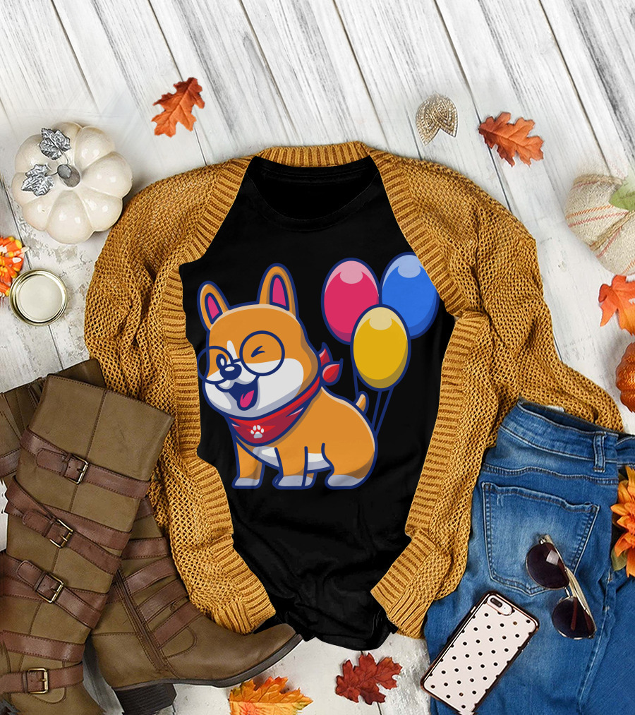 Cute Corgi in Glasses with Red Blue Yellow Balloons and Paw Print Bandana T-Shirt
