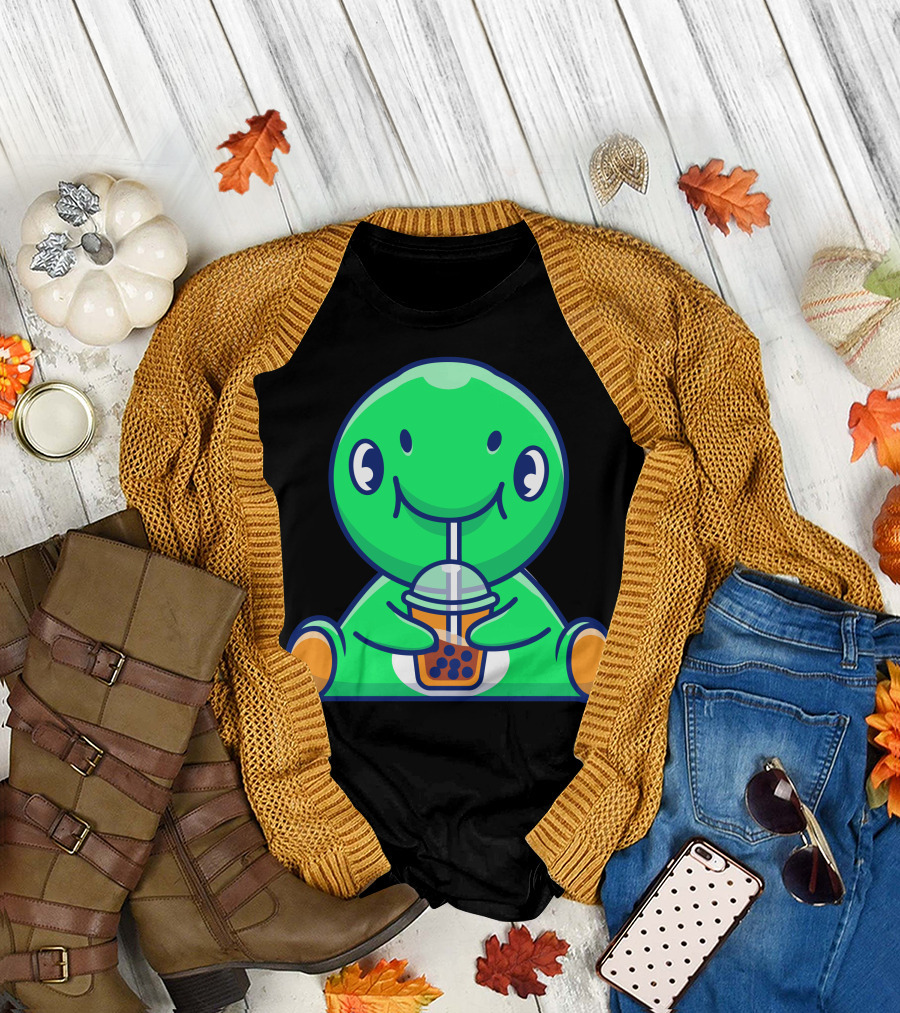 Cute Green Dinosaur Enjoying Boba Tea With Straw T-Shirt
