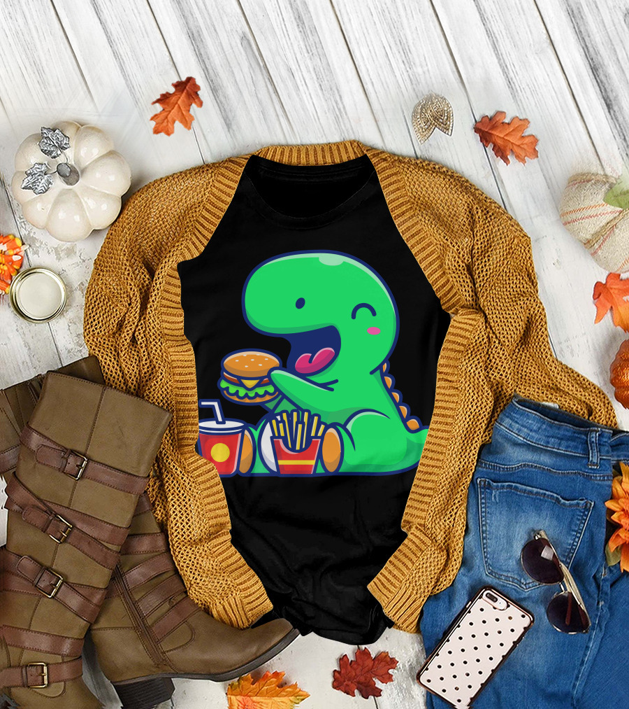Cute Dinosaur Enjoying Burger Fries and Drink T-Shirt