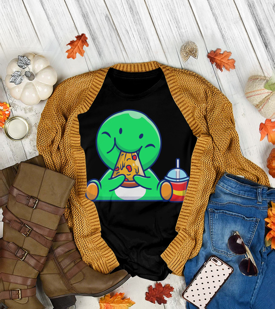 Cute Dinosaur Munching Pizza with Drink T-Shirt