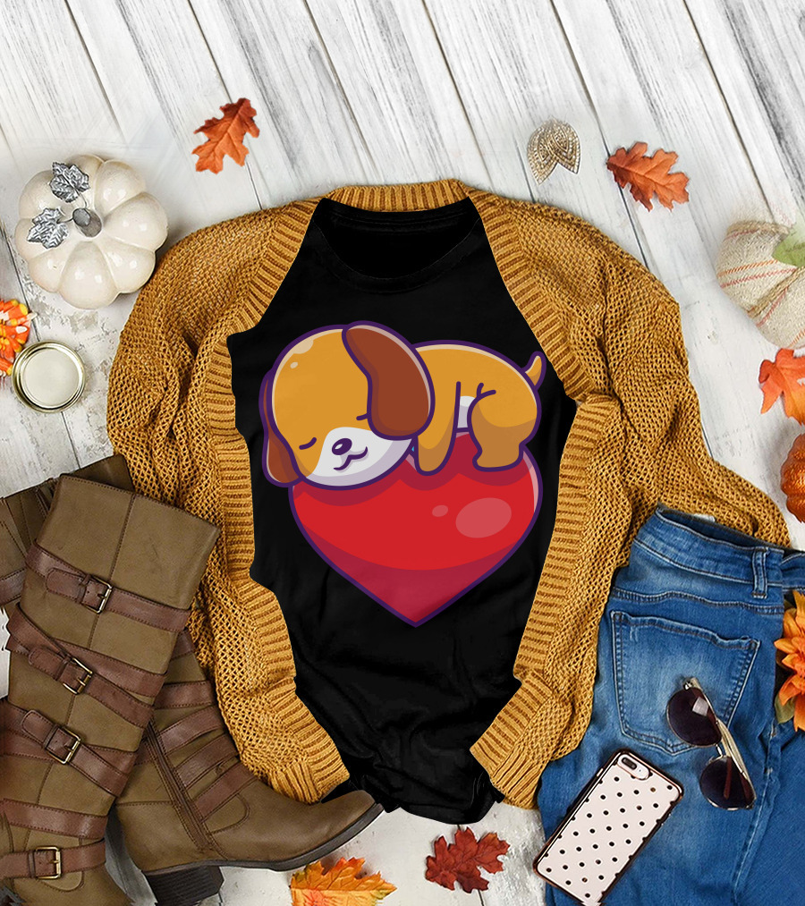 Cute Dog Sleeping on Red Heart T-Shirt