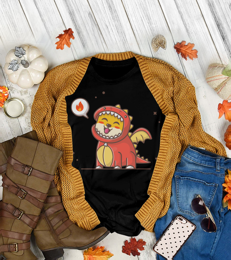 Cute Dog Breathing Fire in Red Dragon Costume T-Shirt