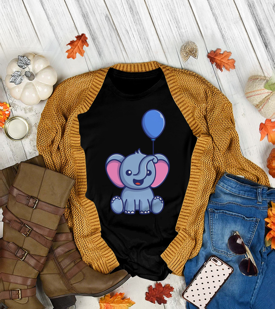 Cute Baby Elephant with Blue Balloon T-Shirt