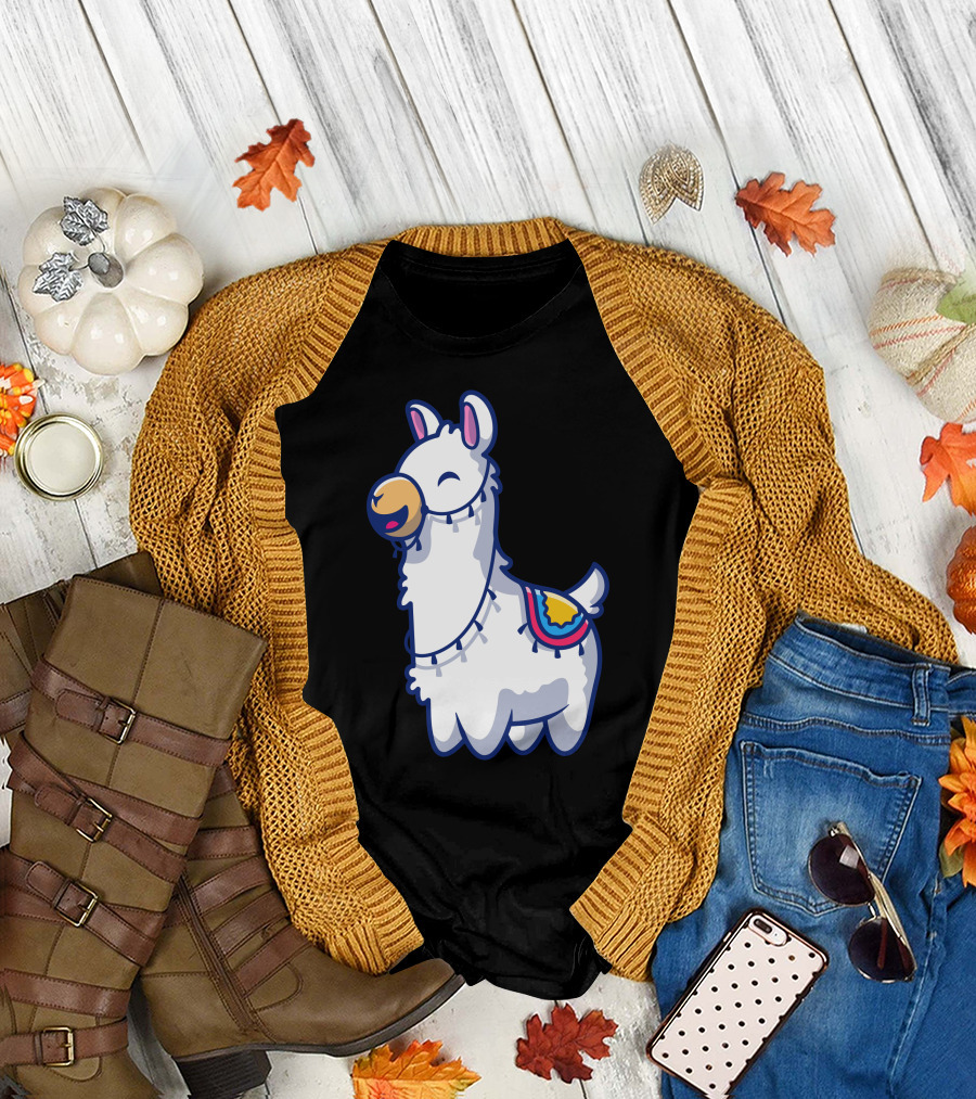 Cute Llama Cartoon Smiling Character with Colorful Blanket T-Shirt