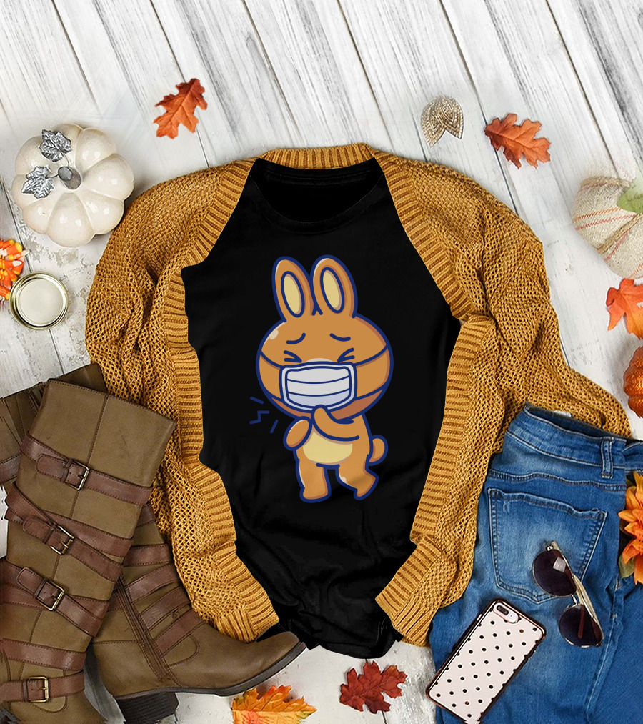 Cute Rabbit Wearing Mask with Anxiety Expression T-Shirt