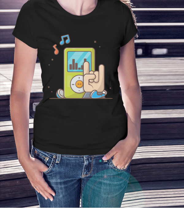 Digital Audio Music Player Hand Rock Gesture With Music Notes And Headphones T-Shirt