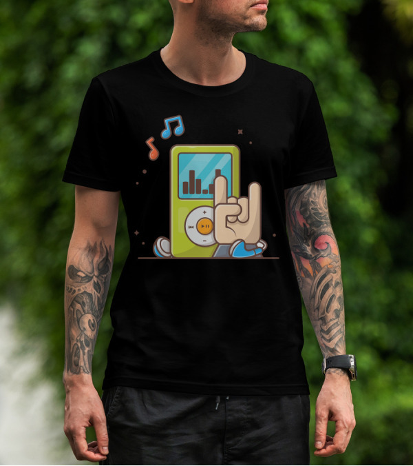 Digital Audio Music Player Hand Rock Gesture With Music Notes And Headphones T-Shirt