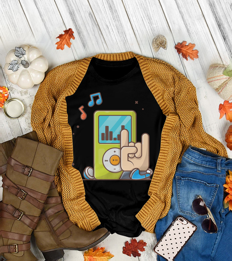 Digital Audio Music Player Hand Rock Gesture with Music Notes and Headphones T-Shirt