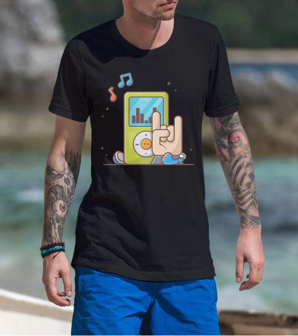 Digital Audio Music Player Hand Rock Gesture With Music Notes And Headphones T-Shirt