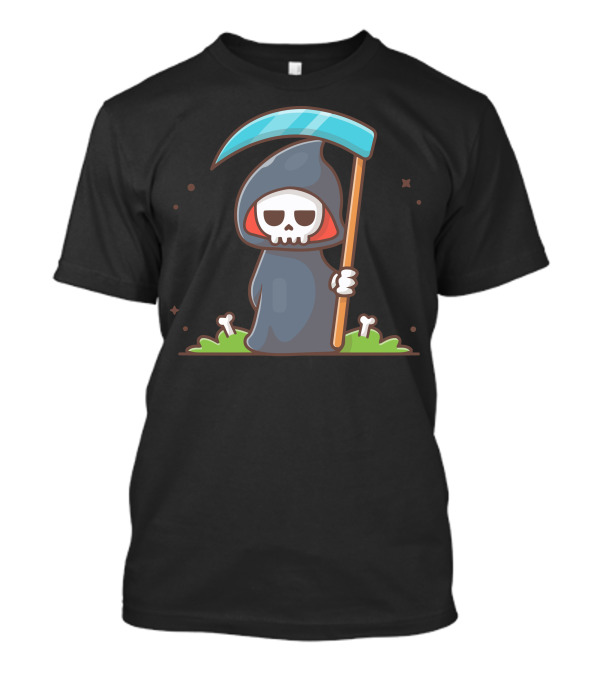 Grim Reaper Cartoon Skeleton With Scythe In Hoodie On Grass T-Shirt