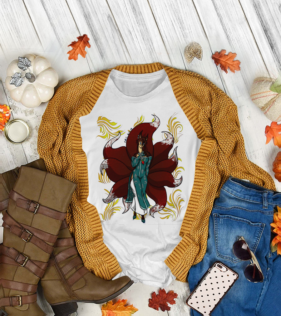 Kitsune Ren Nine-Tailed Fox Spirit with Red Tails and Blue Kimono T-Shirt