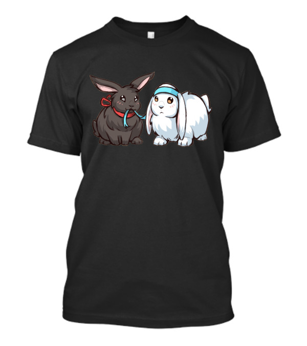 Wangxian Bunnies Cute Illustrative Animals With Red Ribbon And Blue Headband T-Shirt