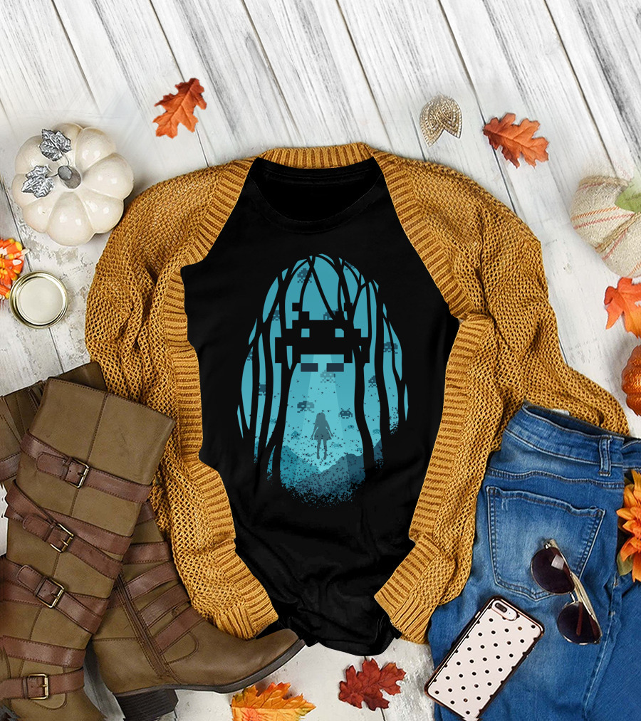8 Bit Invasion Aliens in Enchanted Forest Adventure T-Shirt