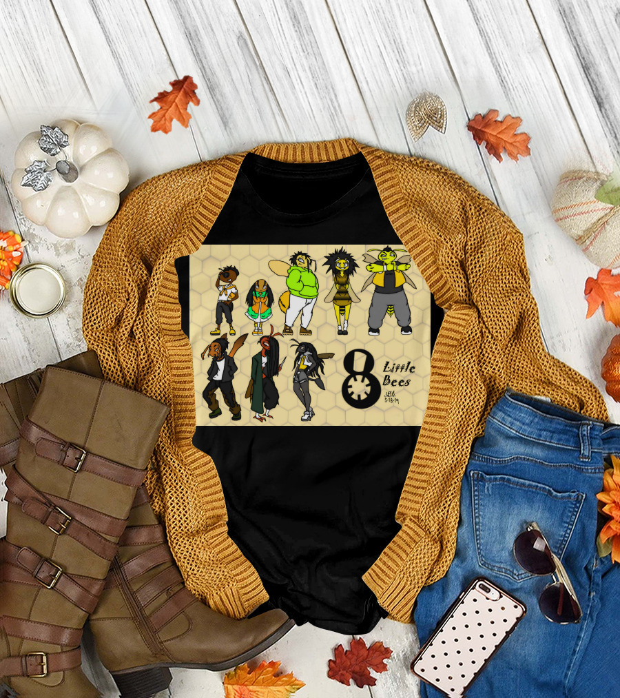 8 Little Bees Urban Style Characters Honeycomb Background T-Shirt