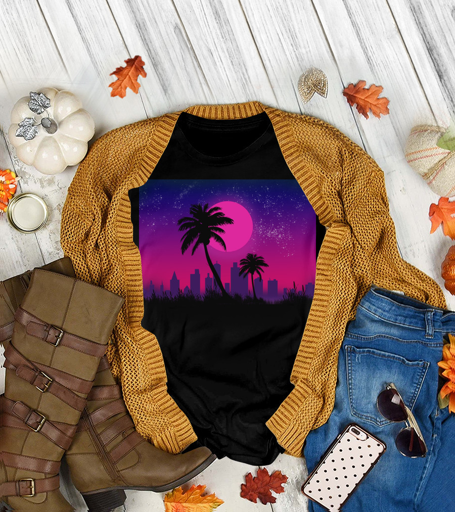 Retro Palm Cityscape Under Neon Starry Sky T-Shirt