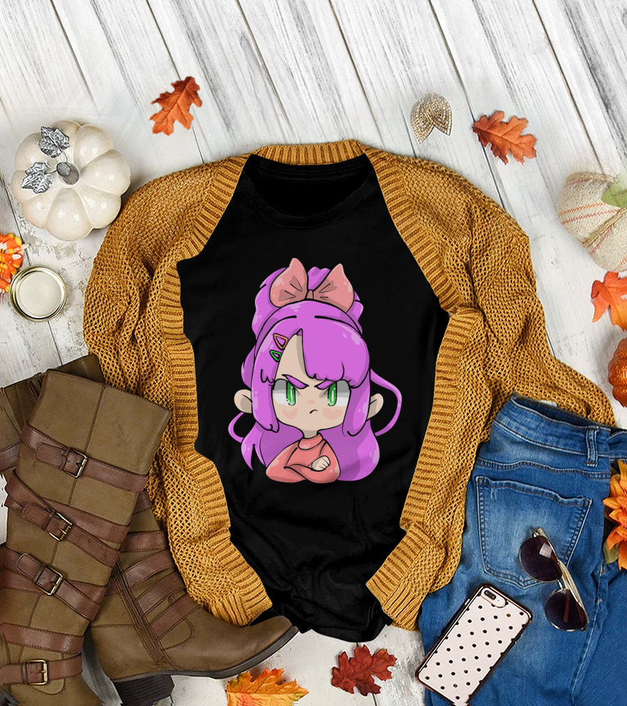 Angry Girl with Pink Hair and Bow Cartoon T-Shirt