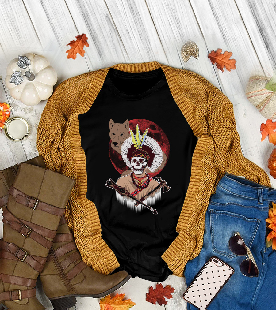 Apache Warrior Skull with Wolf and Red Moon T-Shirt