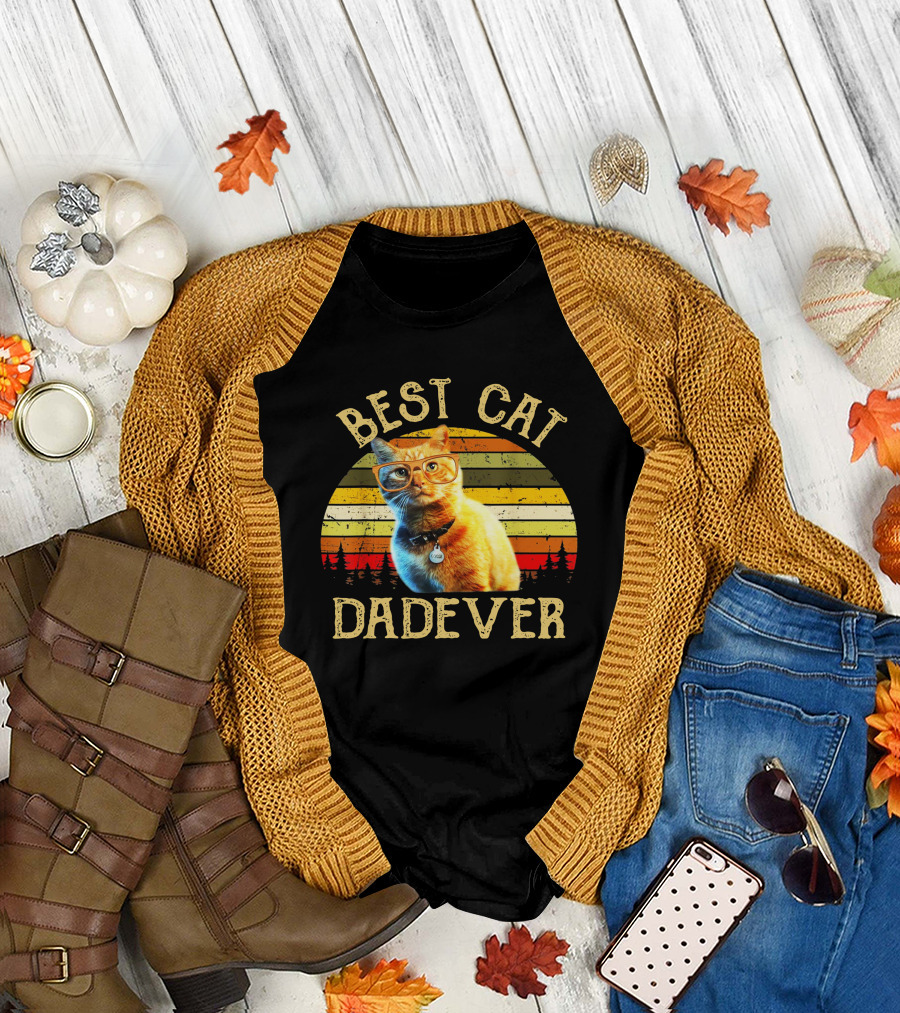 Best Cat Dad Ever Retro Sunset Glasses Cat T-Shirt