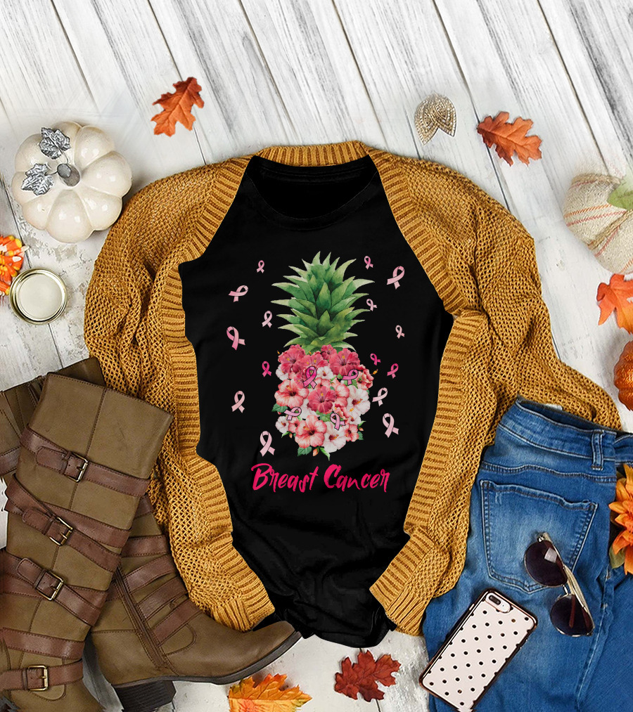 Breast Cancer Pink Ribbon Floral Pineapple Awareness T-Shirt
